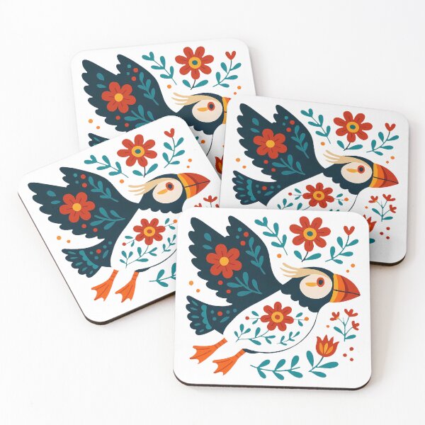 Item preview, Cute Flying Patterned Puffin with Flowers - Scandinavian Folk Art by heidiannemorris © designed and sold by FOLK ART FUSION by heidiannemorris.