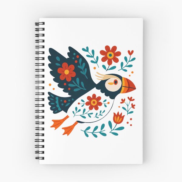 Item preview, Cute Flying Patterned Puffin with Flowers - Scandinavian Folk Art by heidiannemorris © designed and sold by FOLK ART FUSION by heidiannemorris.