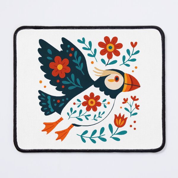 Item preview, Cute Flying Patterned Puffin with Flowers - Scandinavian Folk Art by heidiannemorris © designed and sold by FOLK ART FUSION by heidiannemorris.