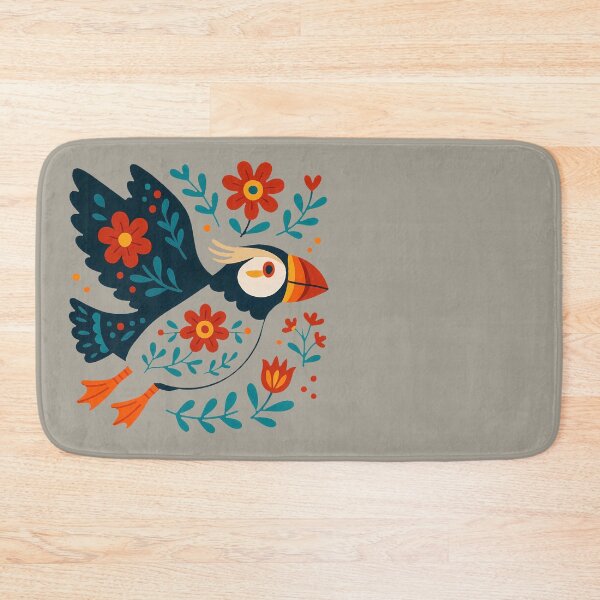 Item preview, Cute Flying Patterned Puffin with Flowers - Scandinavian Folk Art by heidiannemorris © designed and sold by FOLK ART FUSION by heidiannemorris.
