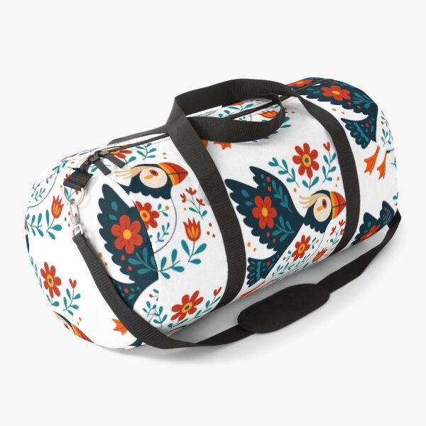 Item preview, Cute Flying Patterned Puffin with Flowers - Scandinavian Folk Art by heidiannemorris © designed and sold by FOLK ART FUSION.