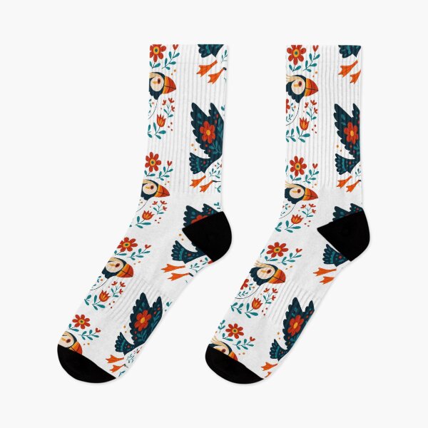Item preview, Cute Flying Patterned Puffin with Flowers - Scandinavian Folk Art by heidiannemorris © designed and sold by FOLK ART FUSION by heidiannemorris.