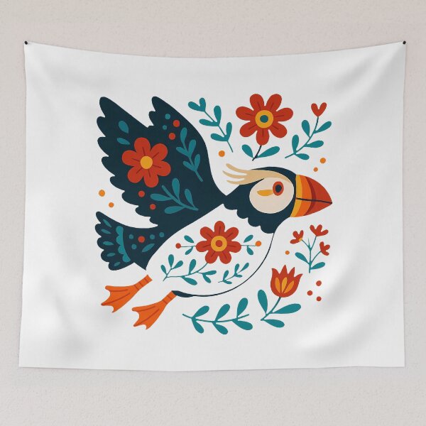 Item preview, Cute Flying Patterned Puffin with Flowers - Scandinavian Folk Art by heidiannemorris © designed and sold by FOLK ART FUSION by heidiannemorris.
