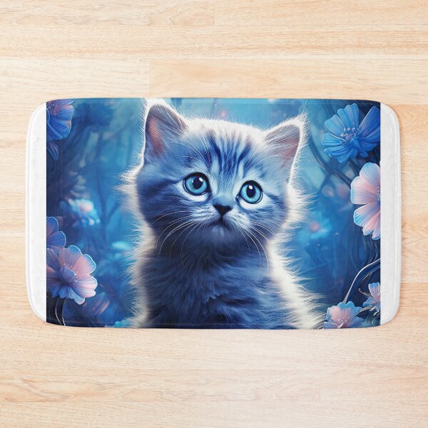 Item preview, A small blue cat, filled with wonder, amidst the luminous flowers in an enchanted forest. designed and sold by Jerhus.
