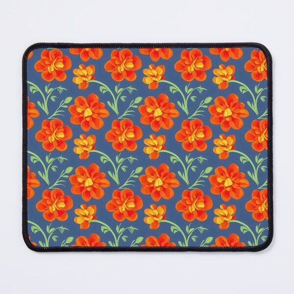 Item preview, Pattern of vibrant orange marigolds against an indigo blue background with delicate green stems designed and sold by Beleza e Estilo.