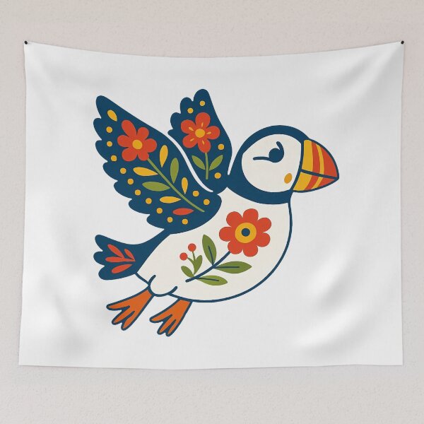 Item preview, Cute Flying Patterned Puffin - Scandinavian Folk Art by heidiannemorris © designed and sold by FOLK ART FUSION by heidiannemorris.