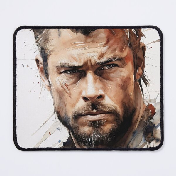 Item preview, An expressive portrait of Chris Hemsworth, with an artistic and detailed background, highlighting powerful features and intense emotions. designed and sold by Jerhus.