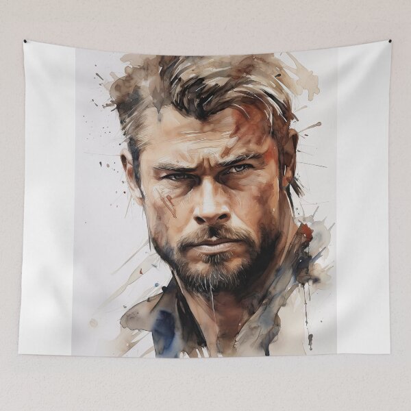 Item preview, An expressive portrait of Chris Hemsworth, with an artistic and detailed background, highlighting powerful features and intense emotions. designed and sold by Jerhus.