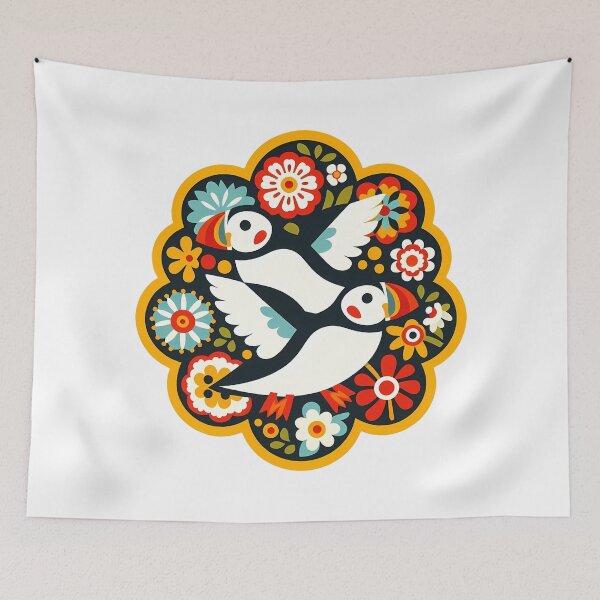 Item preview, Cute Patterned Flying Puffins - Scandinavian Folk Art by heidiannemorris © designed and sold by FOLK ART FUSION by heidiannemorris.