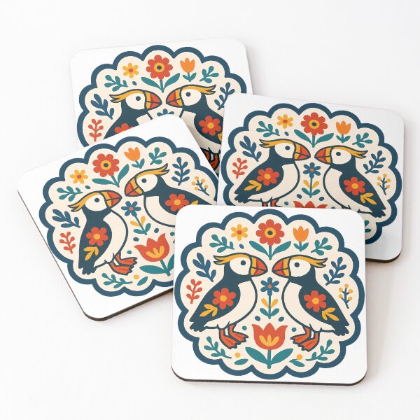 Item preview, Cute Patterned Puffin Twins - Scandinavian Folk Art by heidiannemorris © designed and sold by FOLK ART FUSION by heidiannemorris.