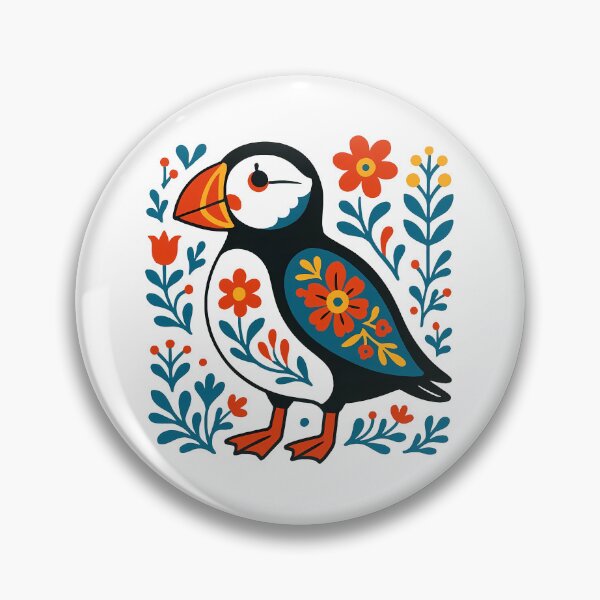 Item preview, Cute Patterned Puffin with Flowers - Scandinavian Folk Art by heidiannemorris © designed and sold by FOLK ART FUSION by heidiannemorris.