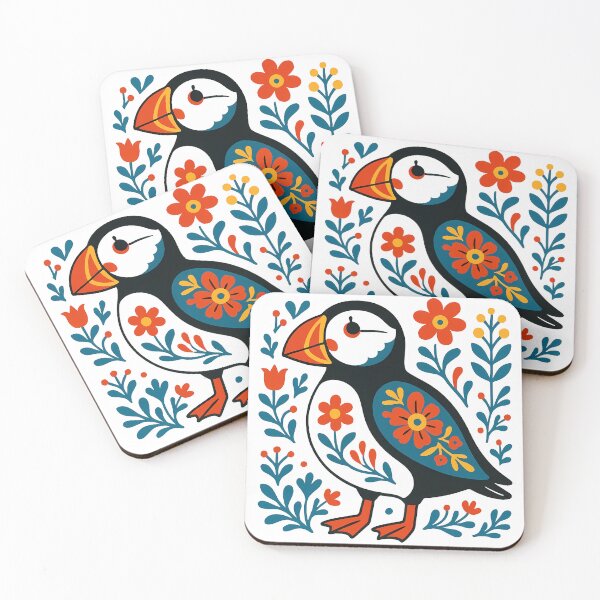 Item preview, Cute Patterned Puffin with Flowers - Scandinavian Folk Art by heidiannemorris © designed and sold by FOLK ART FUSION by heidiannemorris.