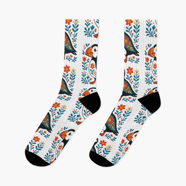 Item preview, Cute Patterned Puffin with Flowers - Scandinavian Folk Art by heidiannemorris © designed and sold by FOLK ART FUSION by heidiannemorris.