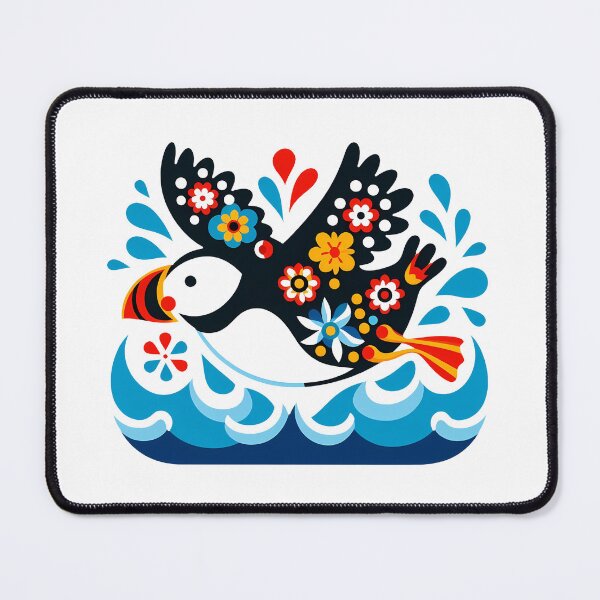 Item preview, Cute Patterned Puffin Ocean Flying - Scandinavian Folk Art by heidiannemorris © designed and sold by FOLK ART FUSION by heidiannemorris.