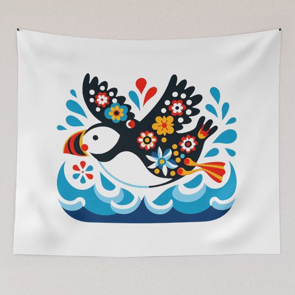 Item preview, Cute Patterned Puffin Ocean Flying - Scandinavian Folk Art by heidiannemorris © designed and sold by FOLK ART FUSION by heidiannemorris.