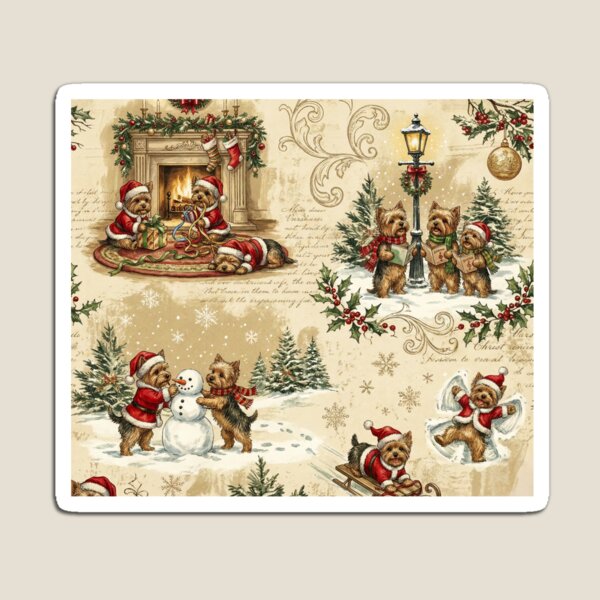 Aperçu de l'œuvre Motif toile de Noël vintage avec Yorkshire Terrier, scènes d'hiver, Père Noël et bonhomme de neige. créée et vendue par Octavia Soldani.