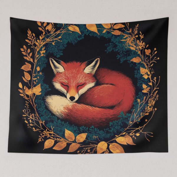 Item preview, Sleepy red fox in a golden wreath, AI art designed and sold by MachinaeDreams.