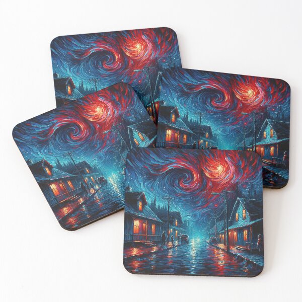 Item preview, A small town street at night in the upside down world designed and sold by ArtwaveEmporium.