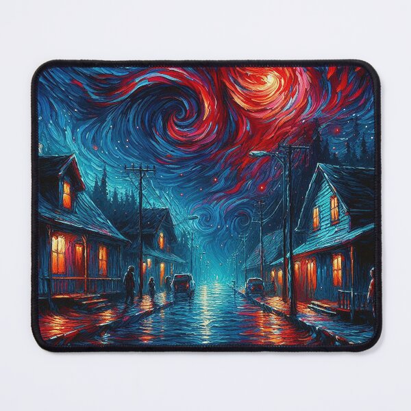 Item preview, A small town street at night in the upside down world designed and sold by ArtwaveEmporium.