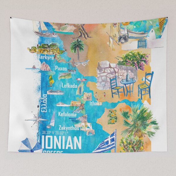 Item preview, Ionian Islands Greece Illustrated Travel Map with Corfu, Zante, Kephalonia, Paxos, Lefkada and Kythera designed and sold by artshop77.