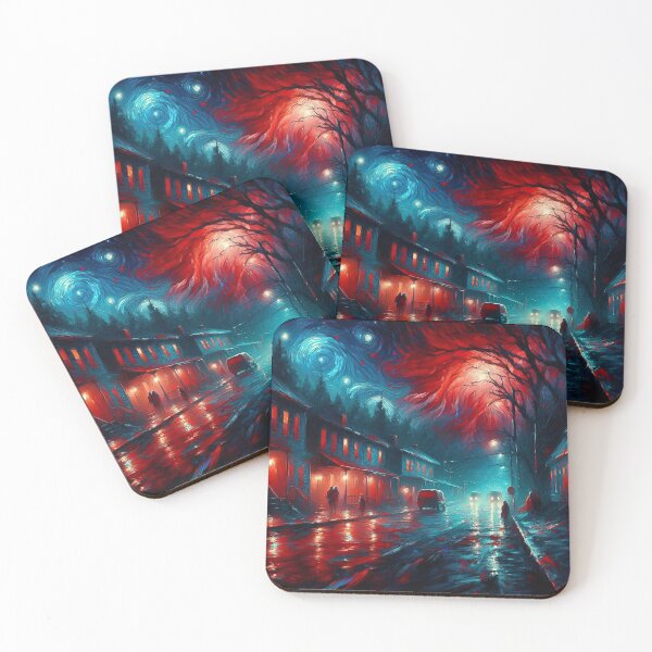Item preview, A small town street at night in the upside down world designed and sold by ArtwaveEmporium.