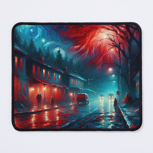 Item preview, A small town street at night in the upside down world designed and sold by ArtwaveEmporium.