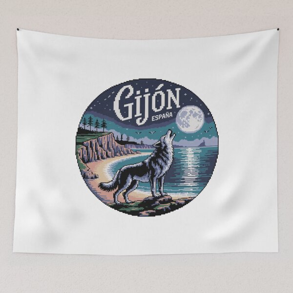Item preview, Gijón España - Pixel Art Night Wolf Howling Coastal Illustration designed and sold by CircinusStore.