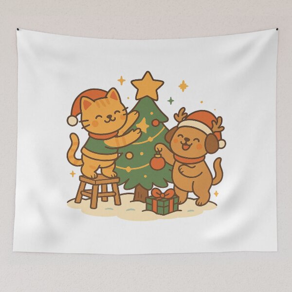 Item preview, Christmas Tree Decorating – Cute Cat and Dog Holiday Cartoon Design designed and sold by StyleLap.