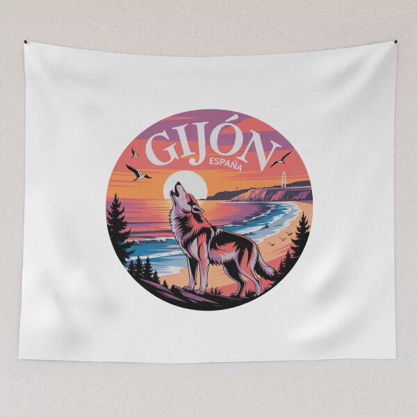 Item preview, Gijón España - Sunset Wolf Howling Coastal Illustration designed and sold by CircinusStore.