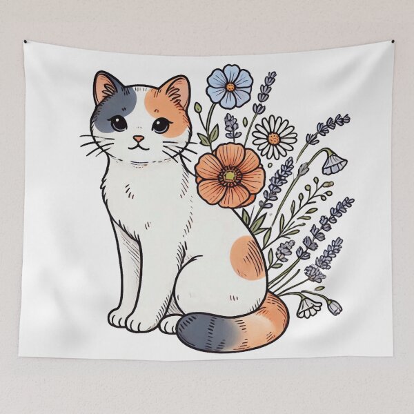 Item preview, Calico Floral Cat Botanical Cottagecore Art designed and sold by BigBlueArt.