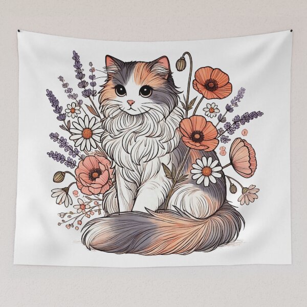 Item preview, Calico Floral Long Haired Cat Cottagecore Art designed and sold by BigBlueArt.