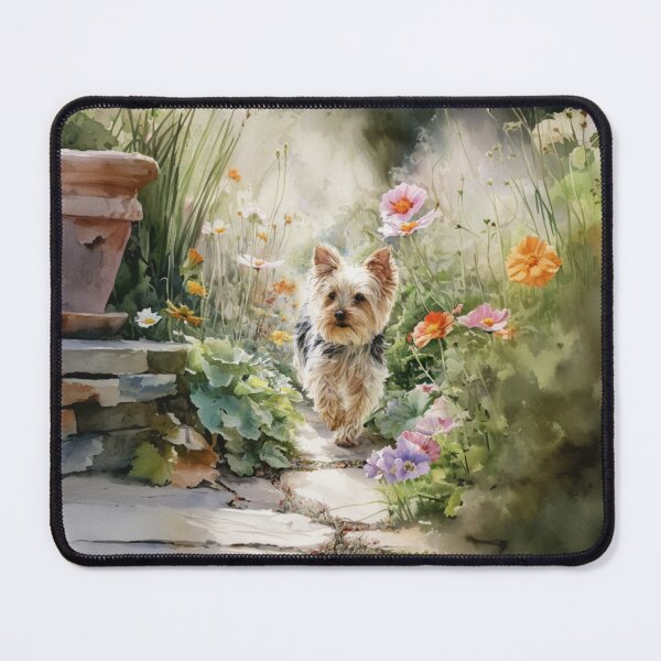 Item preview, A tiny Yorkshire Terrier trotting through a vibrant spring garden, Dogs in Motion designed and sold by CDC40.