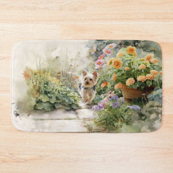 Item preview, A tiny Yorkshire Terrier trotting through a vibrant spring garden, Dogs in Motion designed and sold by CDC40.