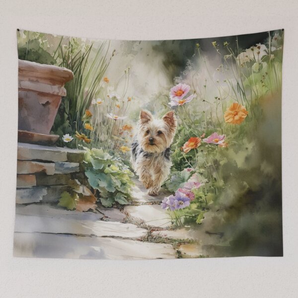 Item preview, A tiny Yorkshire Terrier trotting through a vibrant spring garden, Dogs in Motion designed and sold by CDC40.