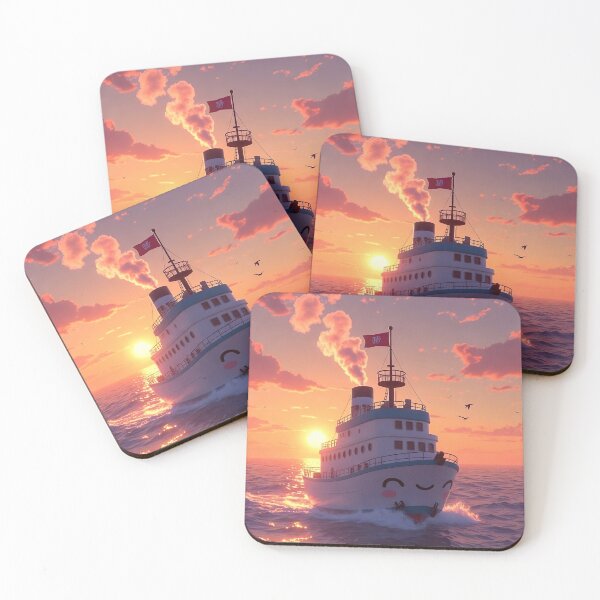 Item preview, Kawaii Steamship at Sunset – Cute Happy Ferry Boat designed and sold by NordseeSteel.