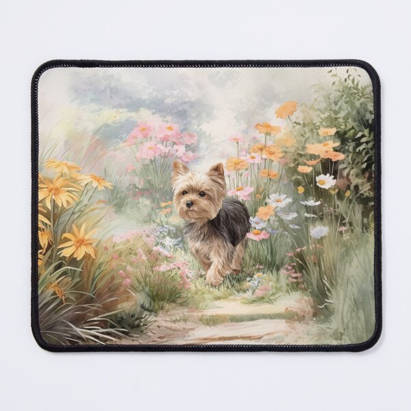 Item preview, A tiny Yorkshire Terrier trotting through a vibrant spring garden, Dogs in Motion designed and sold by CDC40.