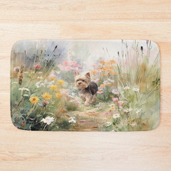 Item preview, A tiny Yorkshire Terrier trotting through a vibrant spring garden, Dogs in Motion designed and sold by CDC40.