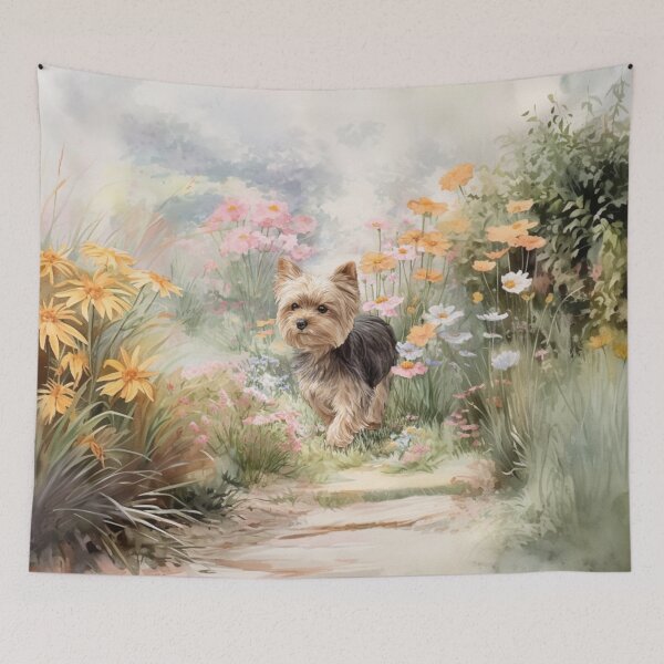 Item preview, A tiny Yorkshire Terrier trotting through a vibrant spring garden, Dogs in Motion designed and sold by CDC40.