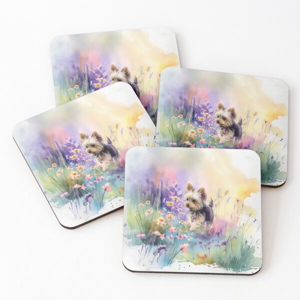 Item preview, A tiny Yorkshire Terrier trotting through a vibrant spring garden, Dogs in Motion designed and sold by CDC40.