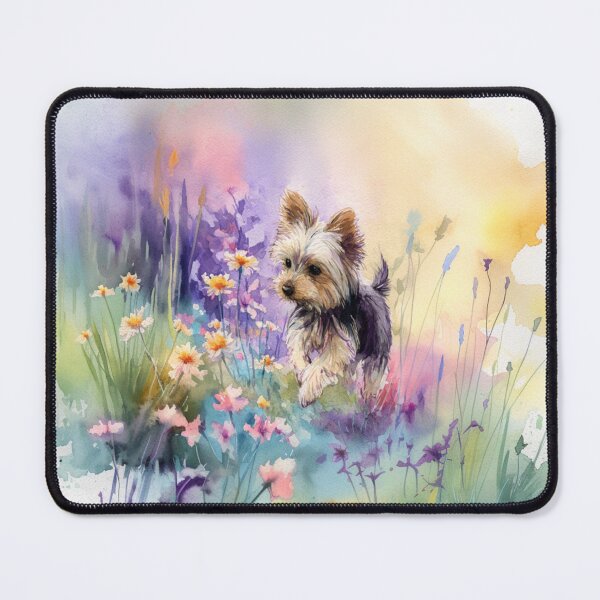 Item preview, A tiny Yorkshire Terrier trotting through a vibrant spring garden, Dogs in Motion designed and sold by CDC40.