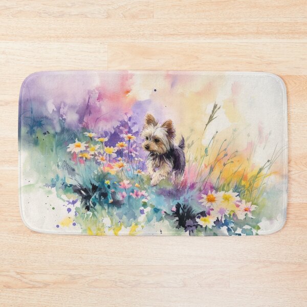 Item preview, A tiny Yorkshire Terrier trotting through a vibrant spring garden, Dogs in Motion designed and sold by CDC40.