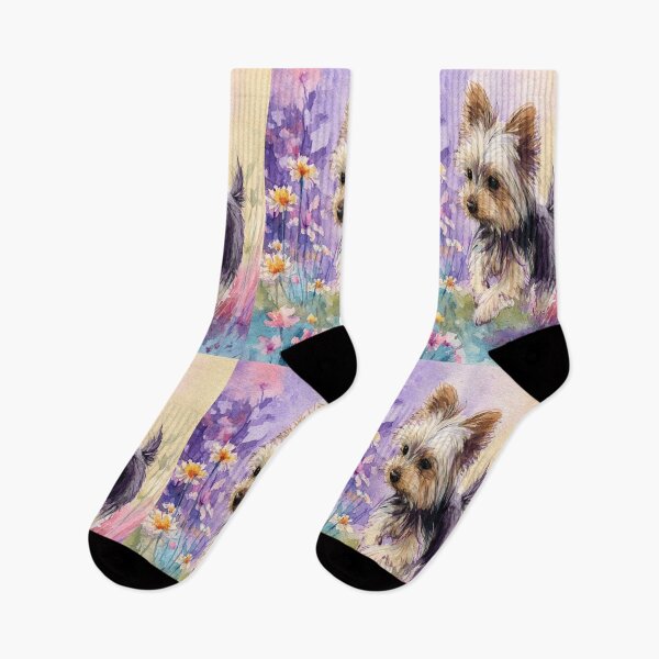 Item preview, A tiny Yorkshire Terrier trotting through a vibrant spring garden, Dogs in Motion designed and sold by CDC40.