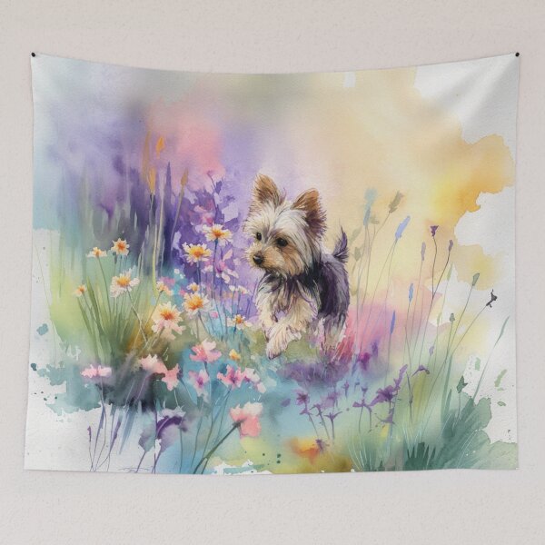 Item preview, A tiny Yorkshire Terrier trotting through a vibrant spring garden, Dogs in Motion designed and sold by CDC40.