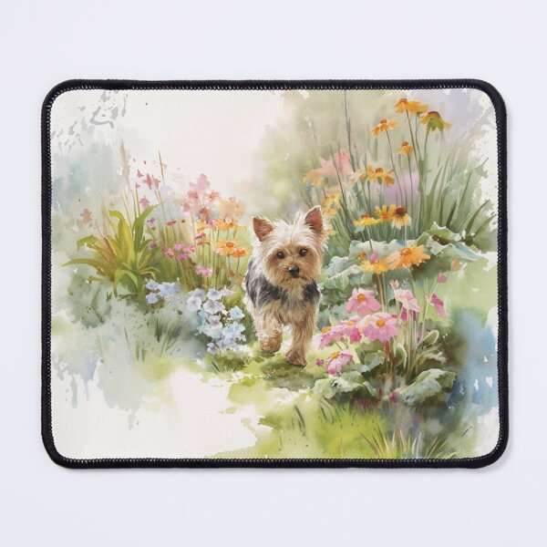 Item preview, A tiny Yorkshire Terrier trotting through a vibrant spring garden, Dogs in Motion designed and sold by CDC40.