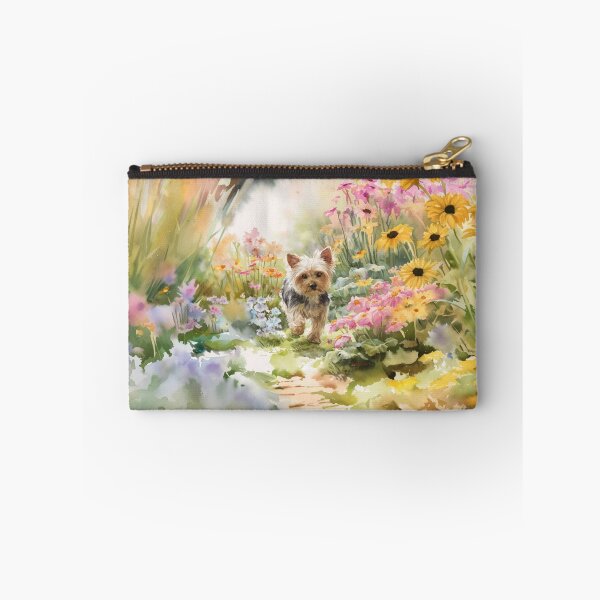 Item preview, A tiny Yorkshire Terrier trotting through a vibrant spring garden, Dogs in Motion designed and sold by CDC40.