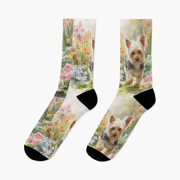 Item preview, A tiny Yorkshire Terrier trotting through a vibrant spring garden, Dogs in Motion designed and sold by CDC40.