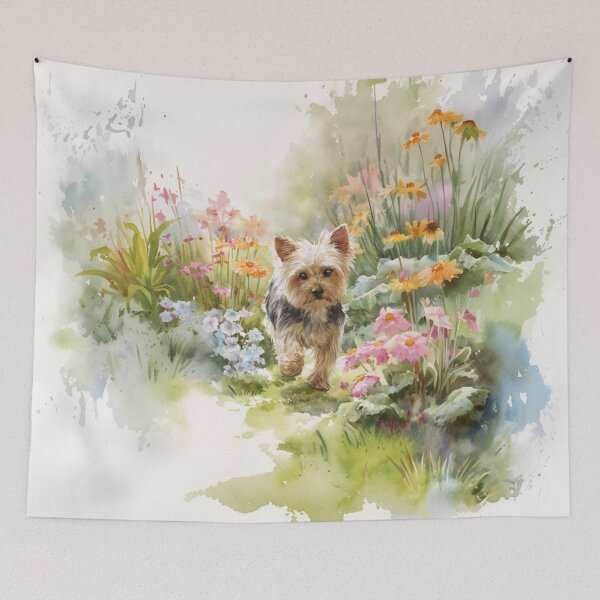 Item preview, A tiny Yorkshire Terrier trotting through a vibrant spring garden, Dogs in Motion designed and sold by CDC40.