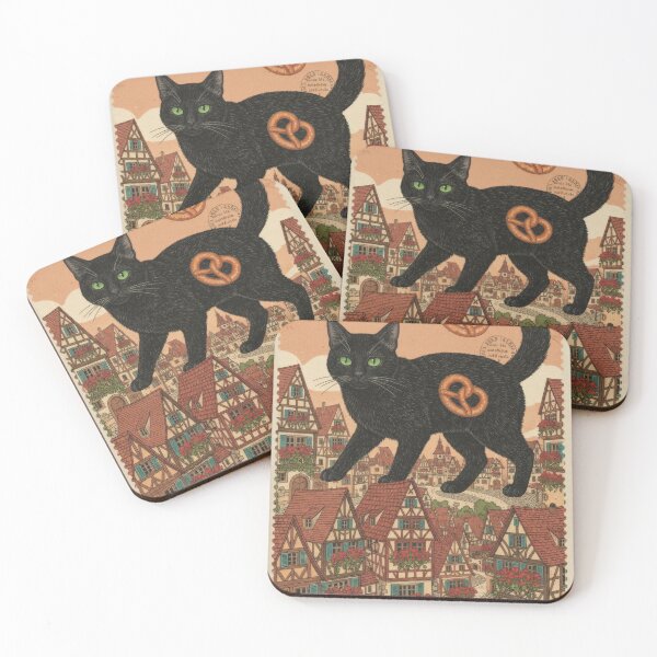 Item preview, German black cat among pretzels and quaint little houses designed and sold by CoffeeinBloom.