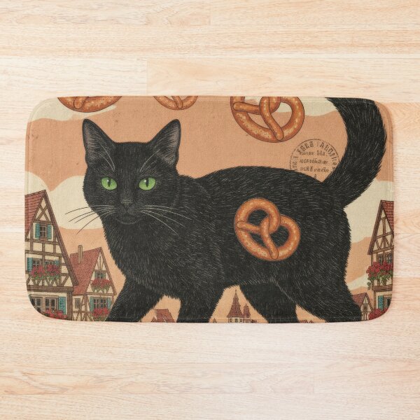 Item preview, German black cat among pretzels and quaint little houses designed and sold by CoffeeinBloom.