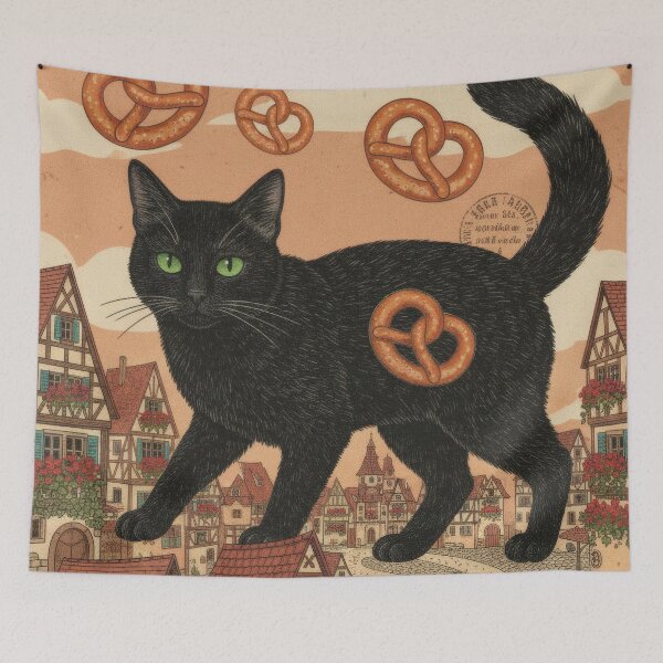 Item preview, German black cat among pretzels and quaint little houses designed and sold by CoffeeinBloom.